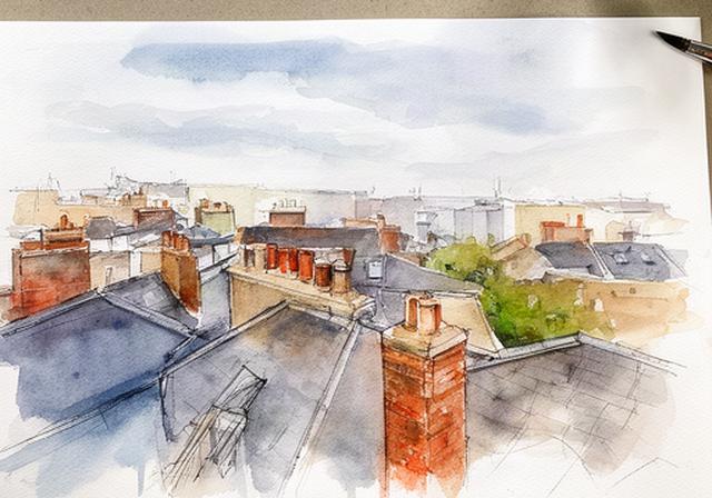 Loose watercolour study of Dublin rooftops made by a student at an Ateliera workshop